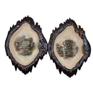 Vintage Currier & Ives Scenic Ceramic Wall Plaque Set Faux Wood Pottery